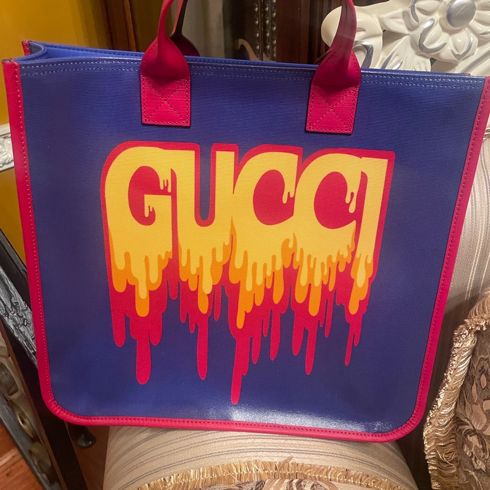 Gucci Blue and Yellow Drip Logo Tote